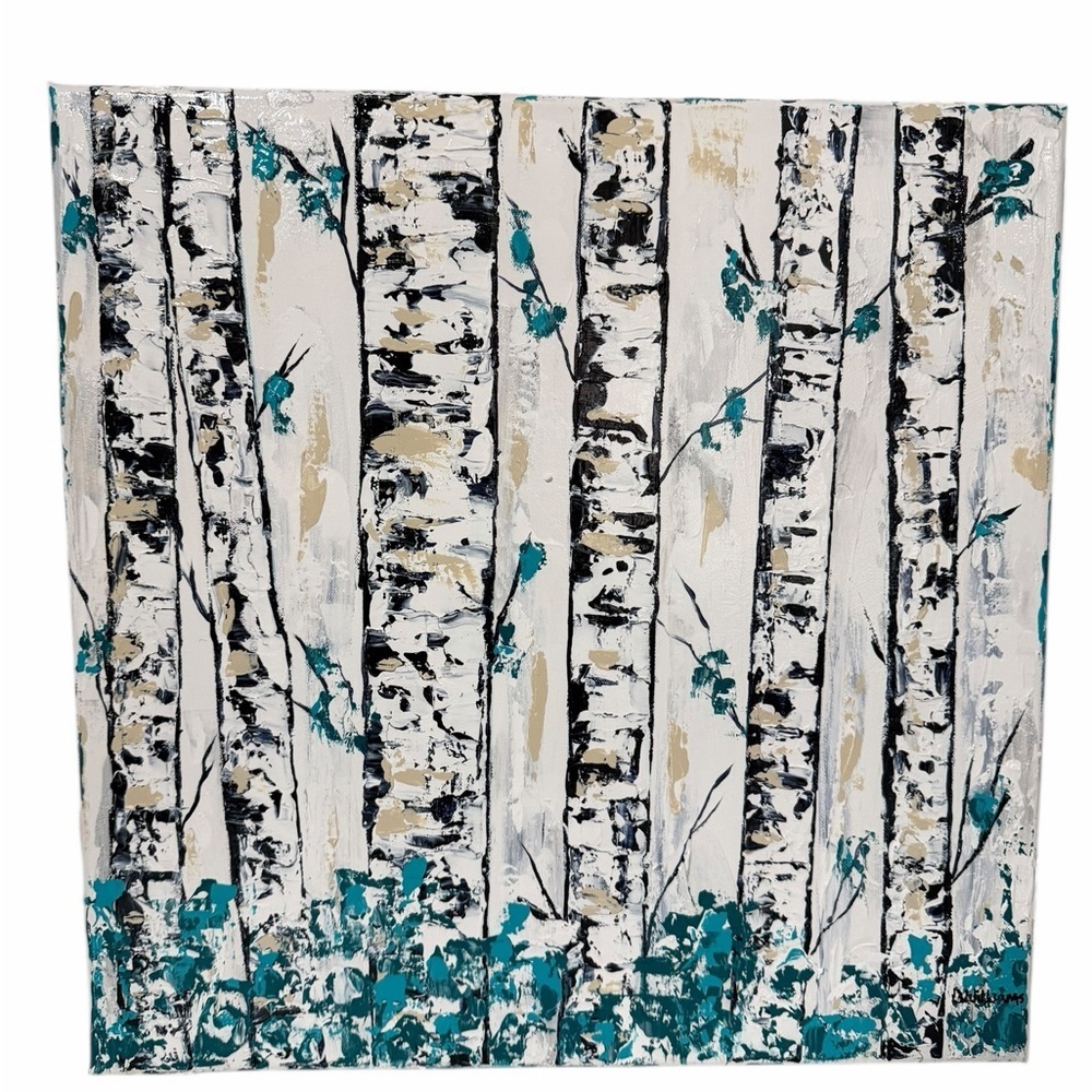Original Artwork Acrylic on Canvas 16 x 20 Winter Birch In Teal